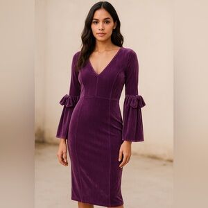 ASOS PURPLE VELVET FITTED V-NECK BELL LONG SLEEVE BOW SHEATH DRESS